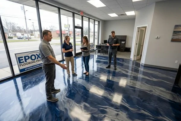 Decorative metallic epoxy showroom floor with swirling pigment design