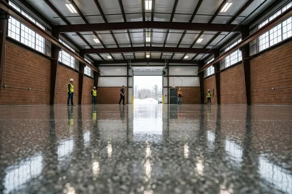 Completed warehouse epoxy floor coating with high-gloss finish