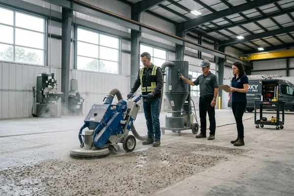 Surface preparation crew running heavy-duty dustless grinding equipment