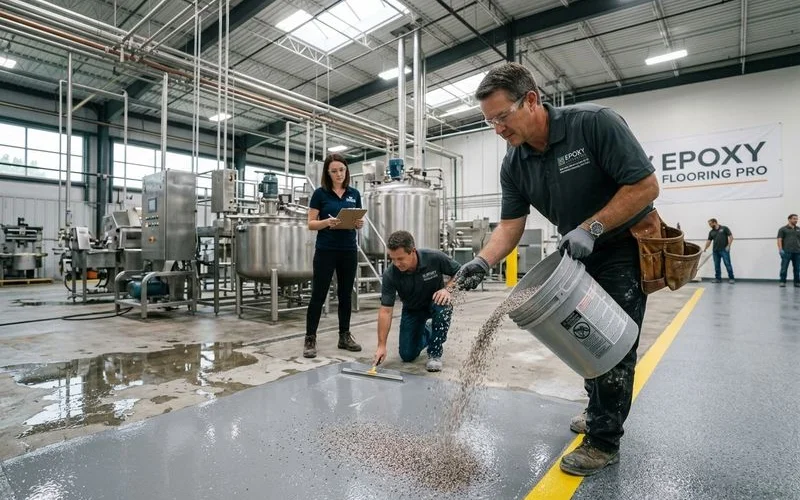 Broadcast aggregate anti-slip finish in a wet food processing zone