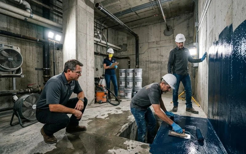 Concrete sump waterproofing and protective lining installation in underground utility vault