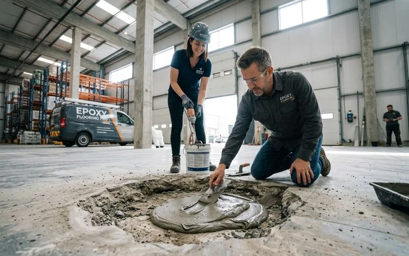 Epoxy mortar spall repair flush-finished on an industrial floor