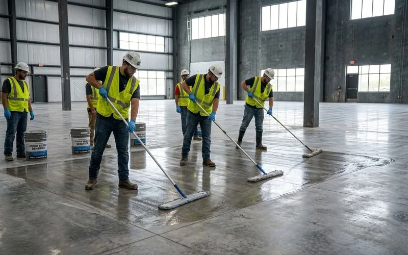 Chemical densifier application between polishing stages on concrete floor