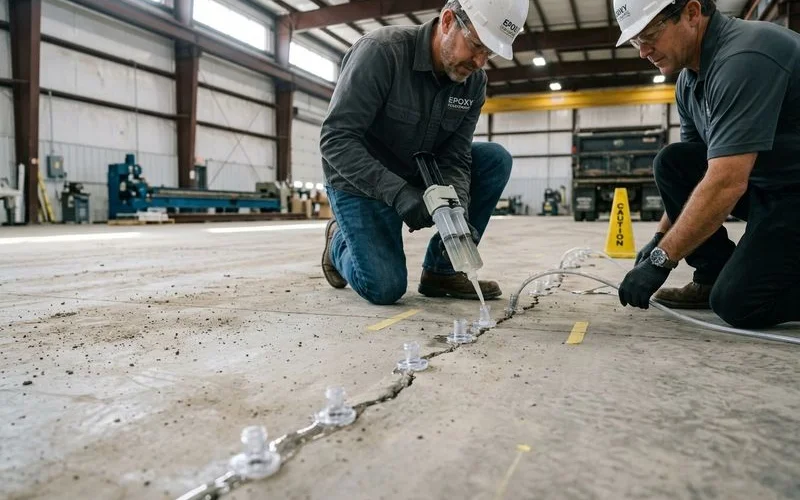 Epoxy injection of structural crack with ports and pressure control