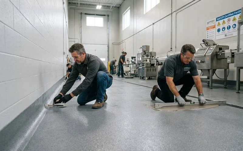 Seamless urethane cement floor with integrated coved skirting in food processing facility