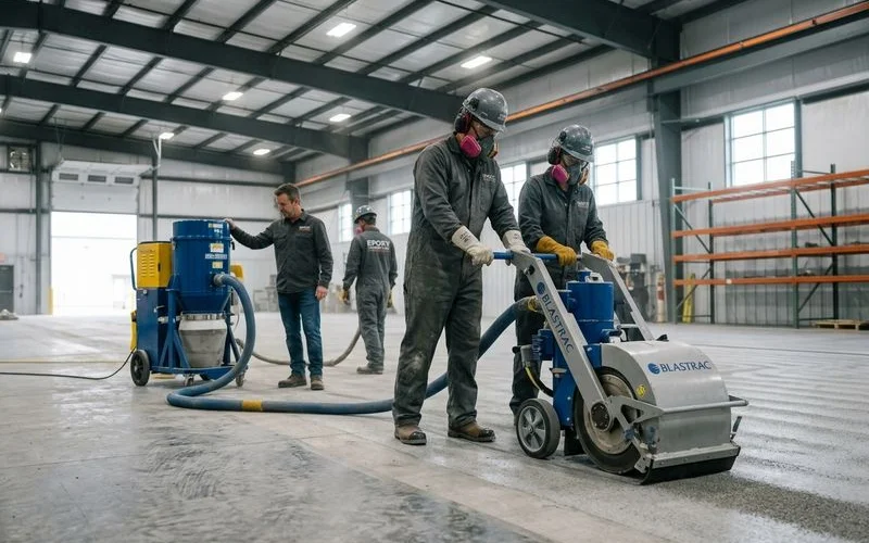Shot blasting crew preparing concrete substrate for epoxy coating installation