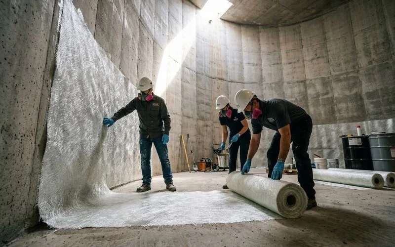 Vinyl ester lining application in chemical storage tank with fibreglass mat reinforcement