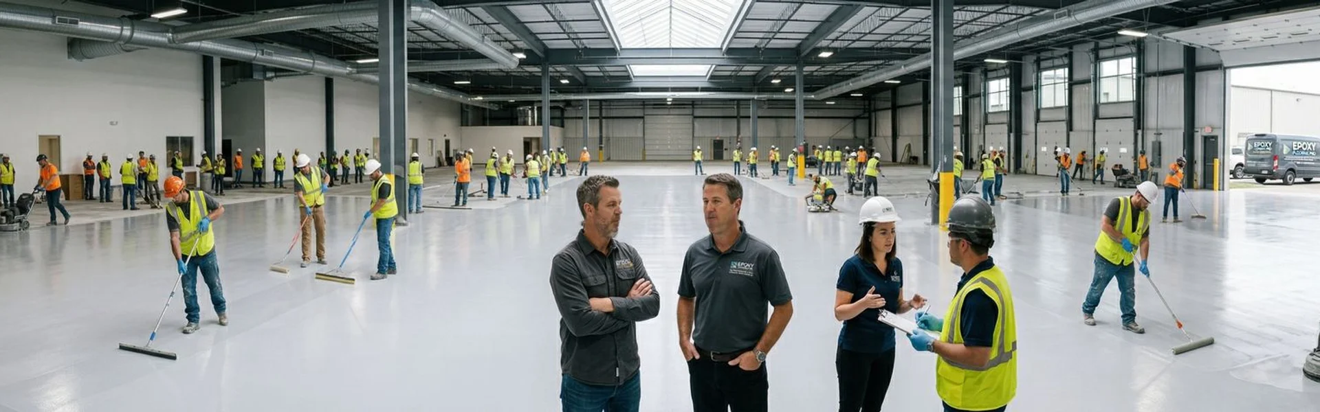 Wide shot of a Klang Valley industrial facility mid-pour with multiple crews on site