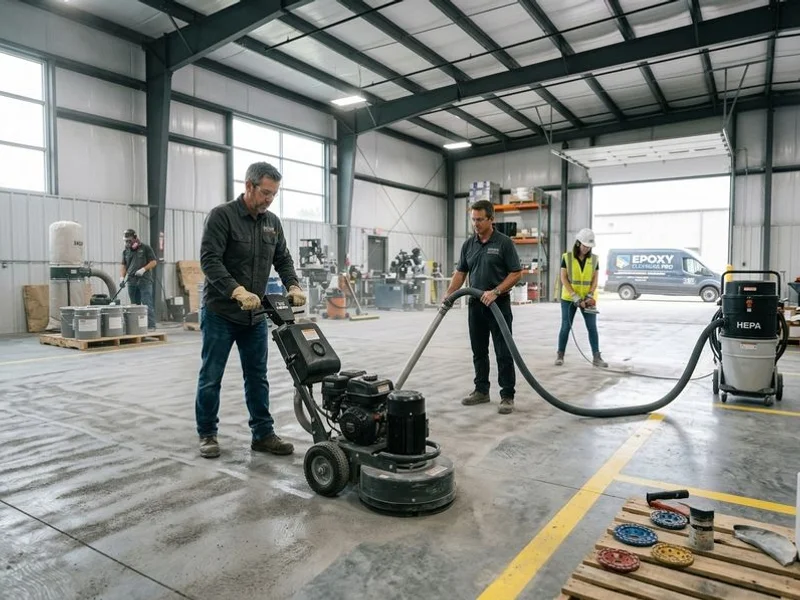 Epoxy Ninja Malaysia technicians running diamond grinders with HEPA extraction during surface prep