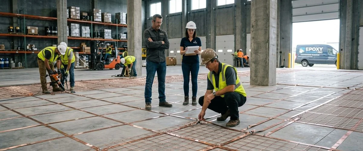 Copper grounding grid installation beneath ESD epoxy flooring