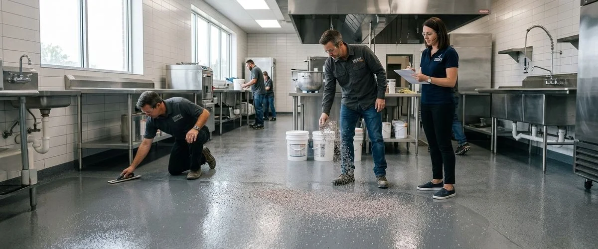 Decorative quartz floor in a commercial restaurant kitchen