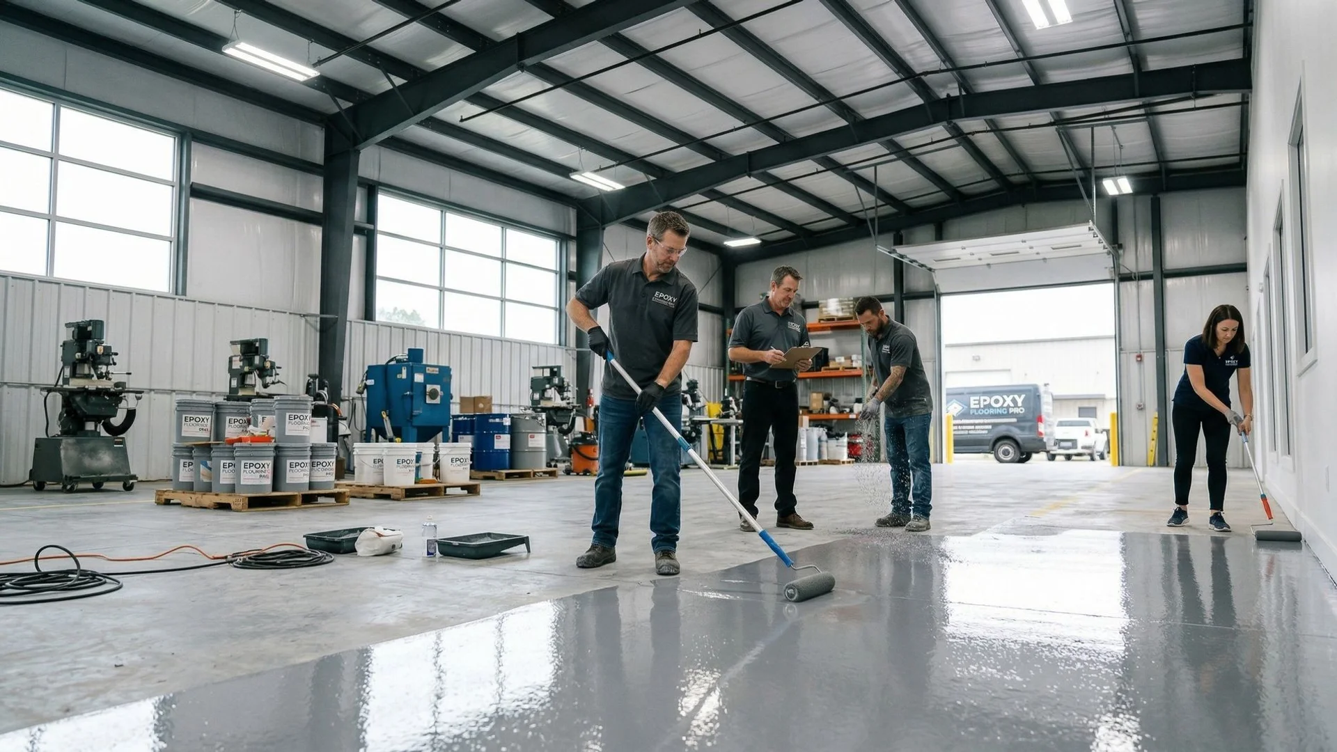 Epoxy Ninja Malaysia crew installing industrial resin flooring inside a Klang Valley warehouse